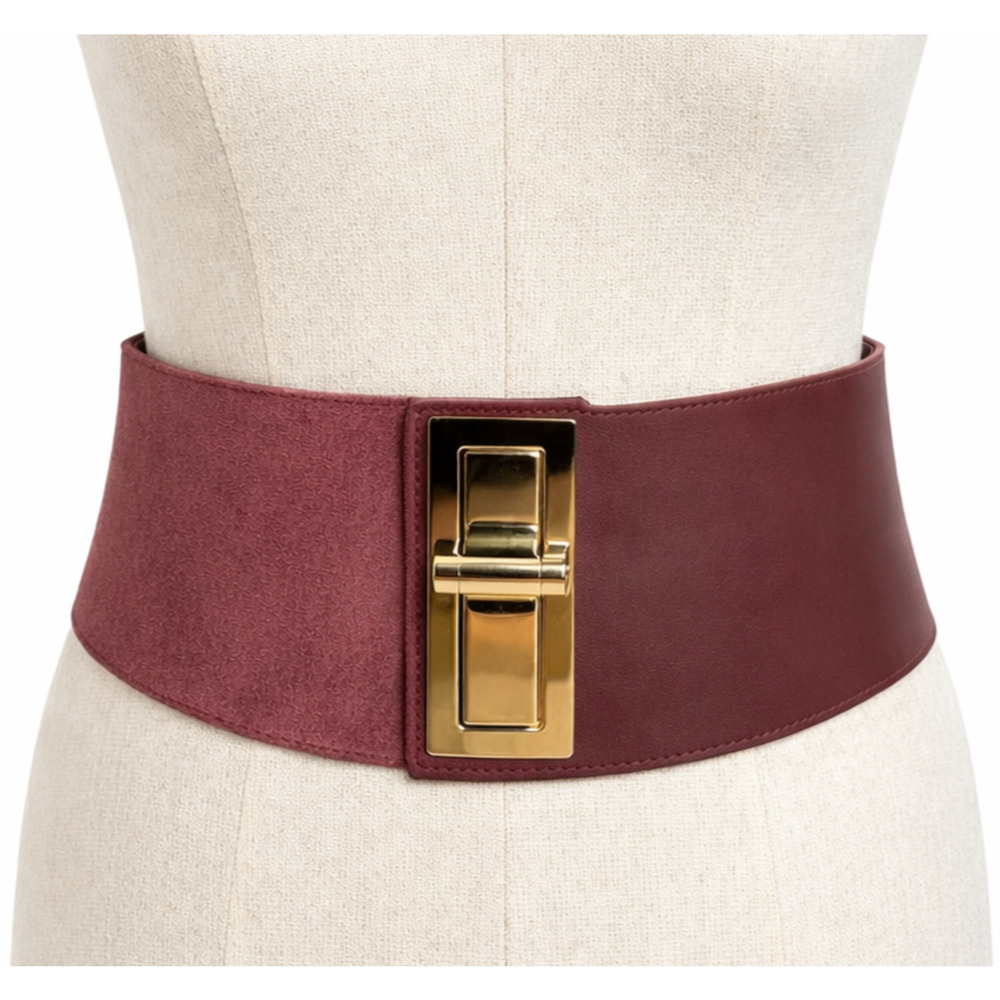 Suzi Roher Wide Burgundy Suede Stretch Corset Belt Gold Turnlock Buckle Size L